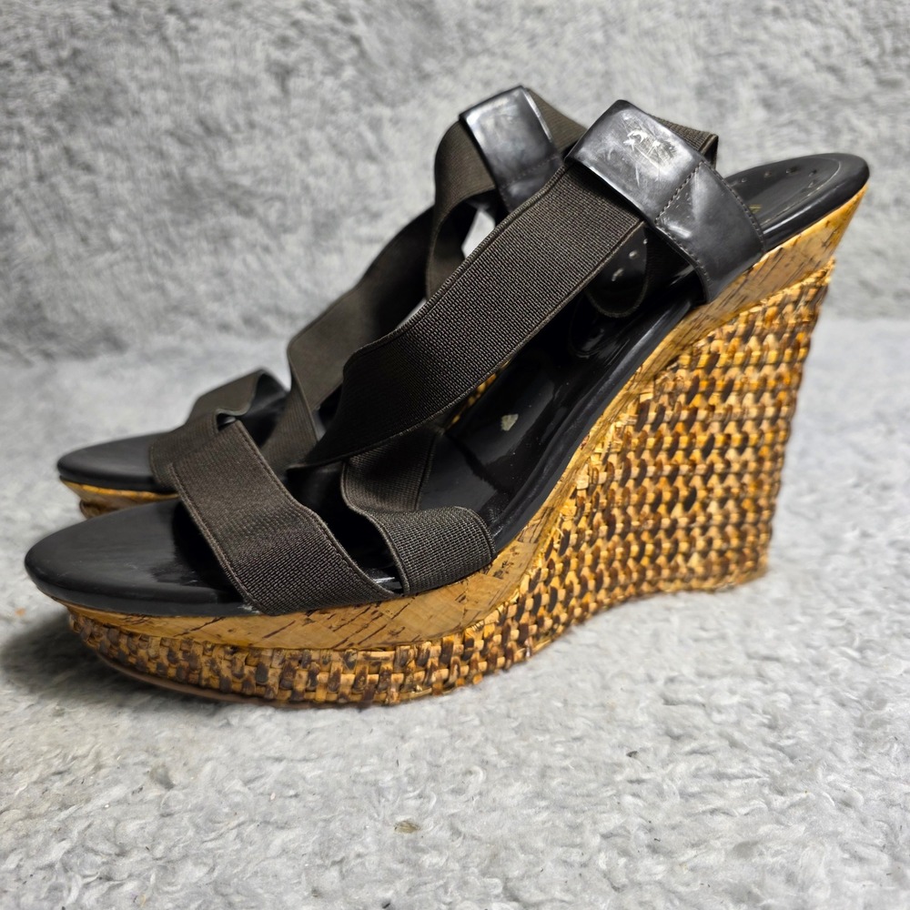 BCBG Wedge Platform Sandals Black Stretch Strappy Woven Straw Women Size 10‎ Y2K